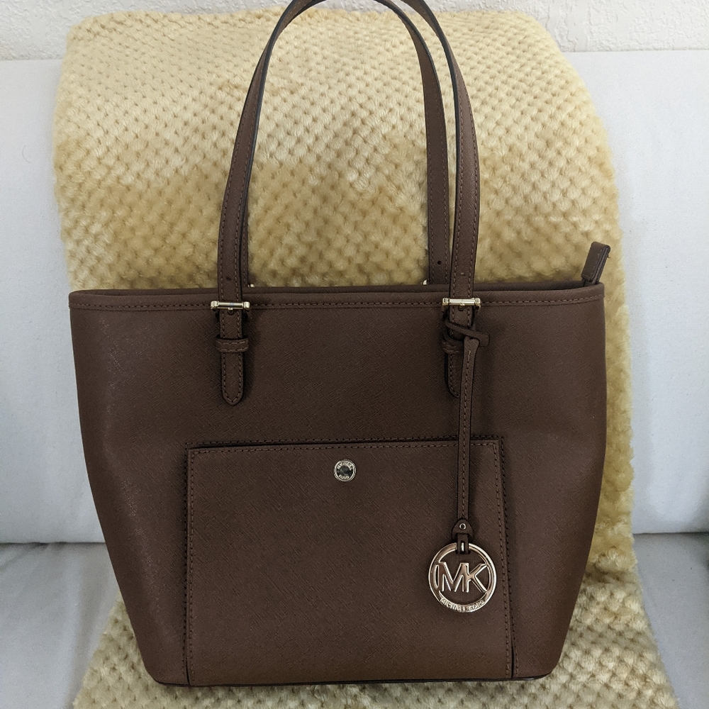 Michael Kors Jet Set Medium Leather Snap Pocket Tote Brown